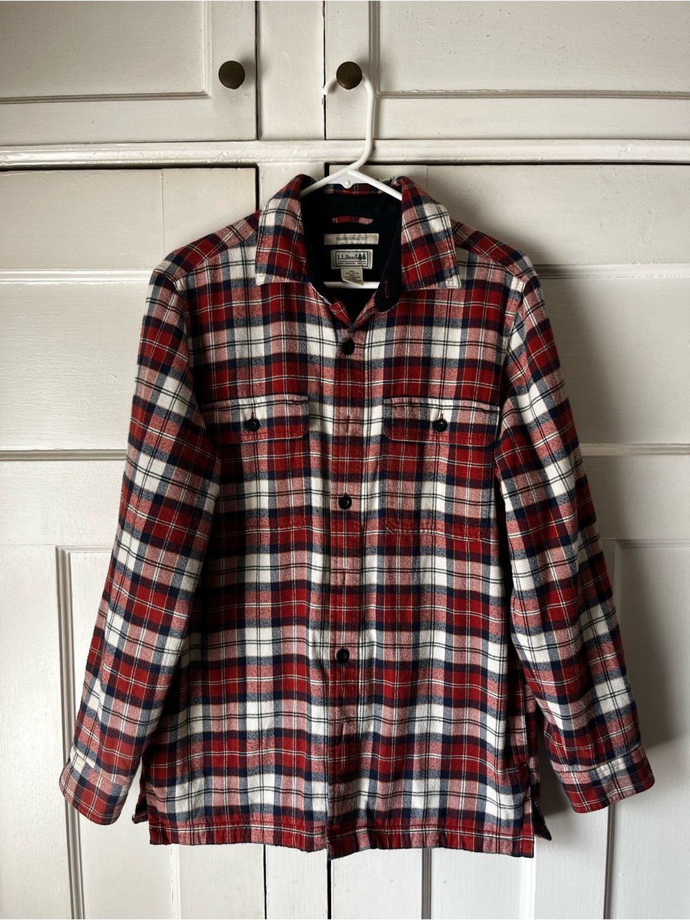 L.L. Bean - Red, White & Navy Plaid Fleece Lined Shirt - Men’s Size S